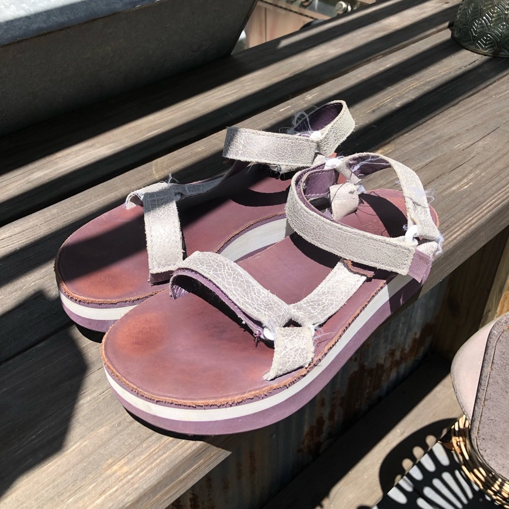 Purple and Silver Leather Teva Platform